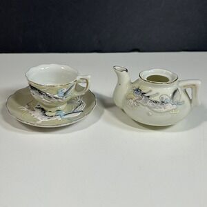 VTG. Miniature Dragon Ware Blue Teapot with Teacup/Saucer READ